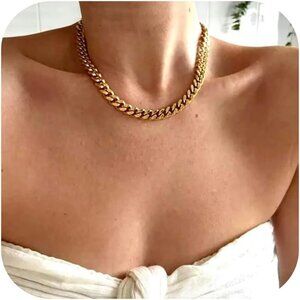 Unisex 18K 9mm- Gold Chunky Cuban Link Curb Chain Necklace Hip Hop Punk